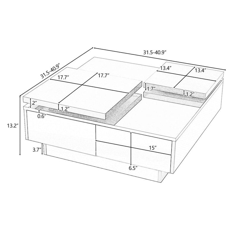 Table basse carrée avec plateau coulissant, table basse moderne avec 4 compartiments de rangement cachés, table d'appoint