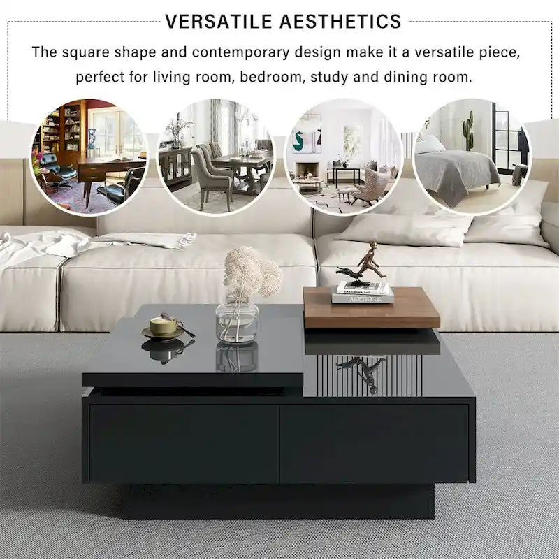 Table basse carrée avec plateau coulissant, table basse moderne avec 4 compartiments de rangement cachés, table d'appoint