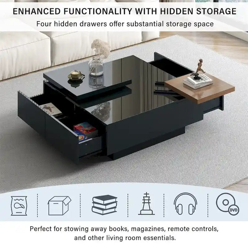 Table basse carrée avec plateau coulissant, table basse moderne avec 4 compartiments de rangement cachés, table d'appoint