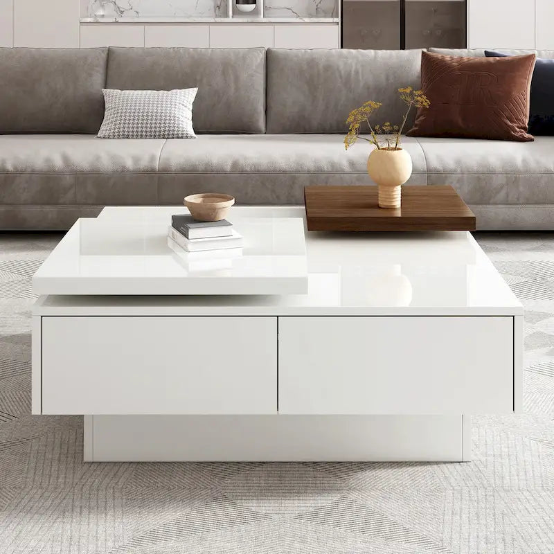 Table basse carrée avec plateau coulissant, table basse moderne avec 4 compartiments de rangement cachés, table d'appoint