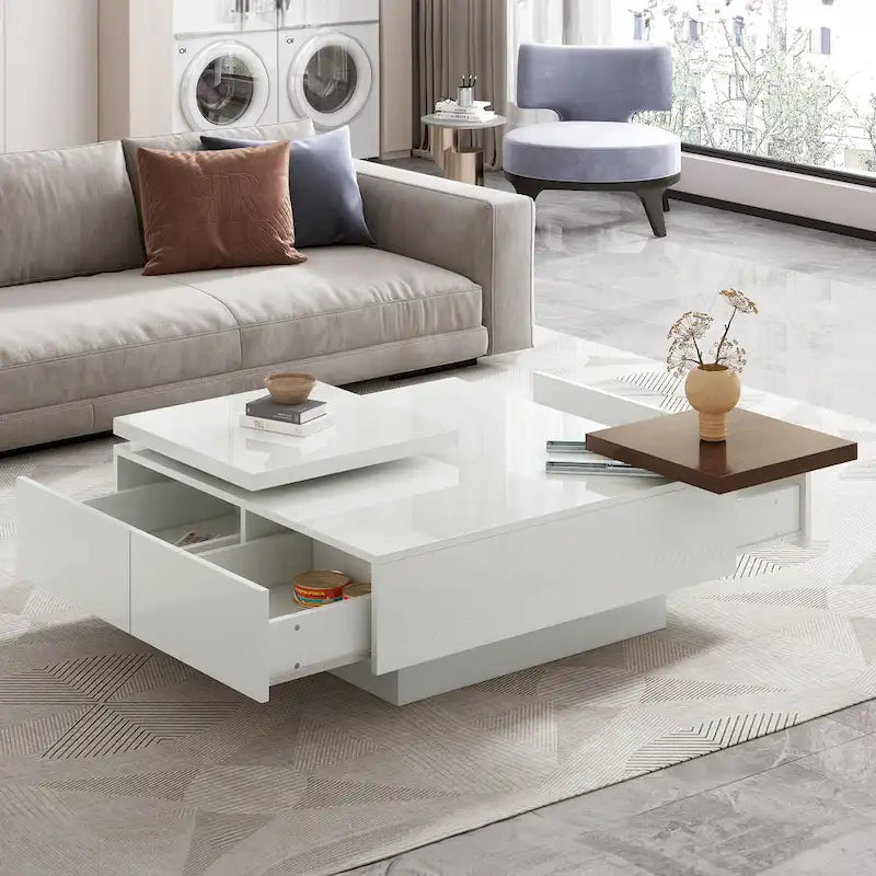Table basse carrée avec plateau coulissant, table basse moderne avec 4 compartiments de rangement cachés, table d'appoint