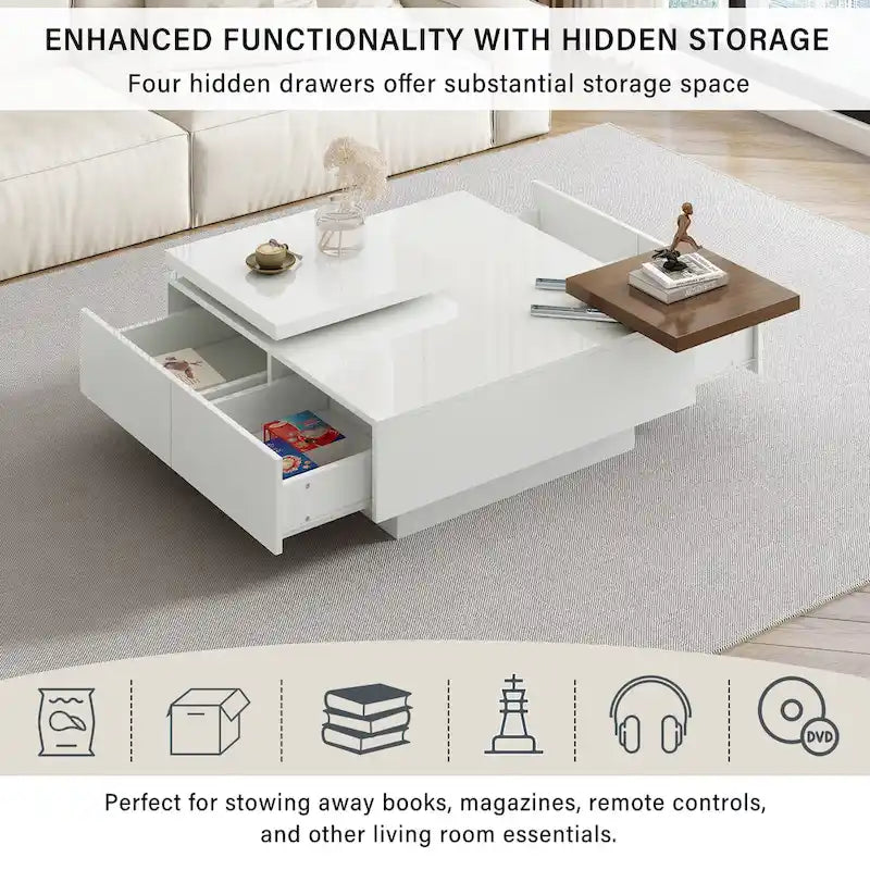 Table basse carrée avec plateau coulissant, table basse moderne avec 4 compartiments de rangement cachés, table d'appoint
