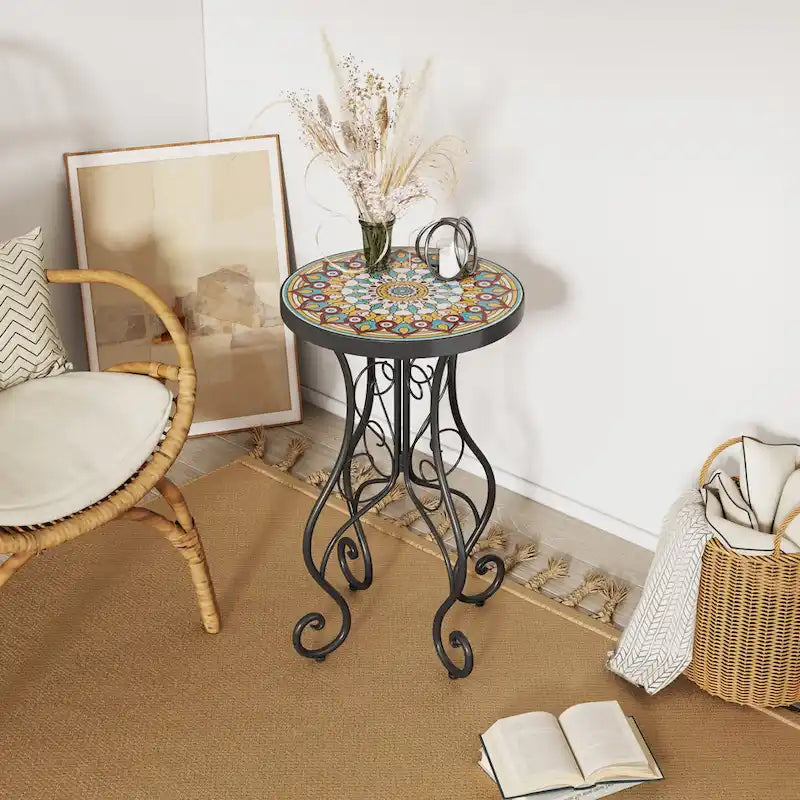 Round Ceramic Outdoor Side Table,Colorful+Black