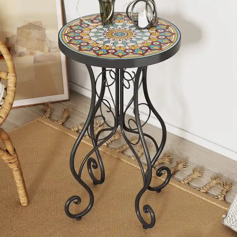 Table d'appoint ronde en céramique pour l'extérieur, Colorée+Noire