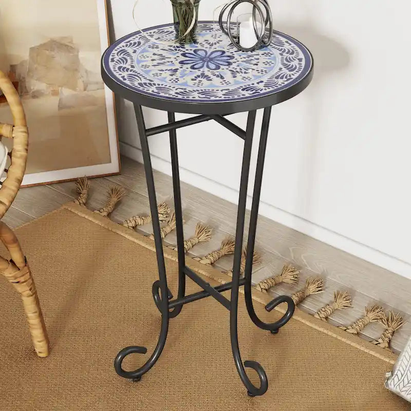 Table d'appoint de patio, bleu et noir