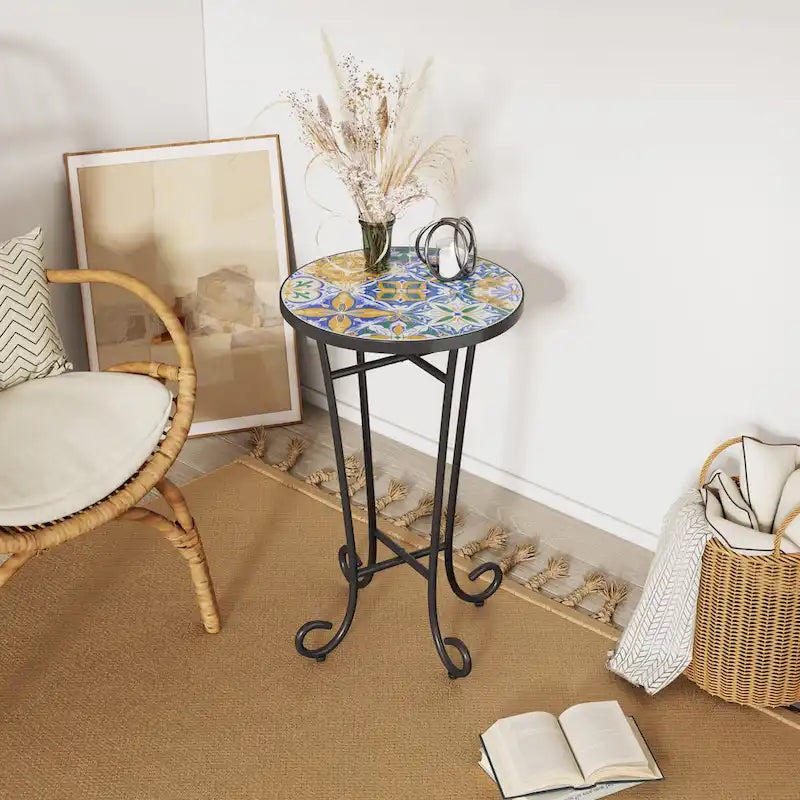 Table d'appoint de patio, bleu et noir