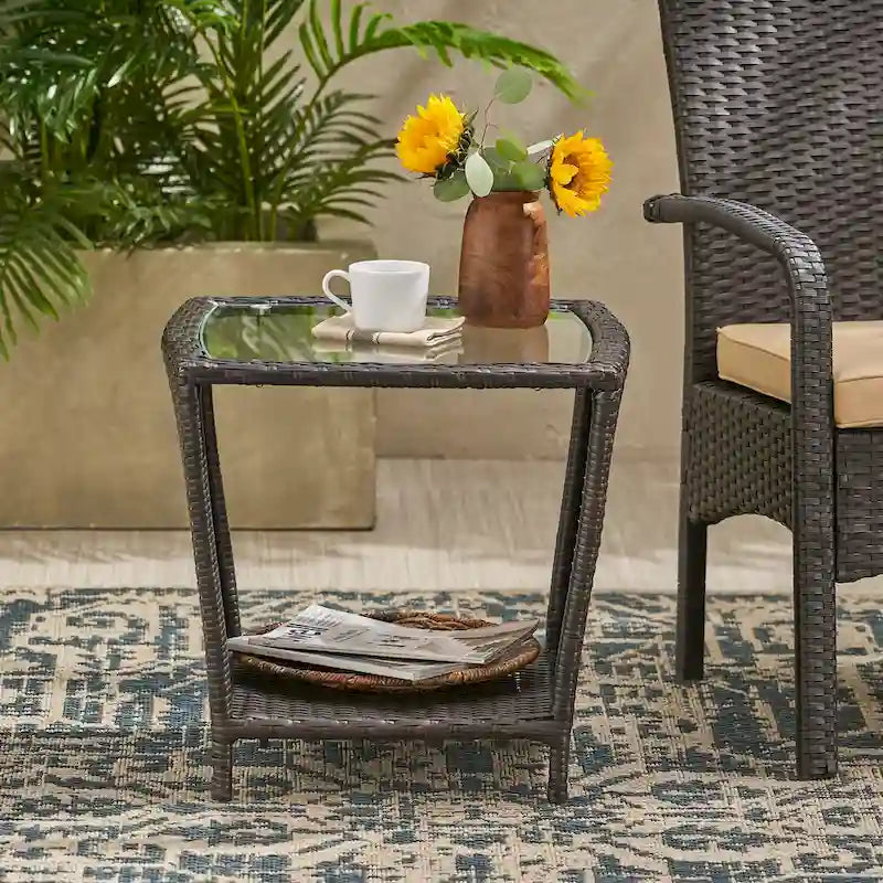 Table d'appoint en rotin 50 cm avec plateau en verre Rangement extérieur en osier