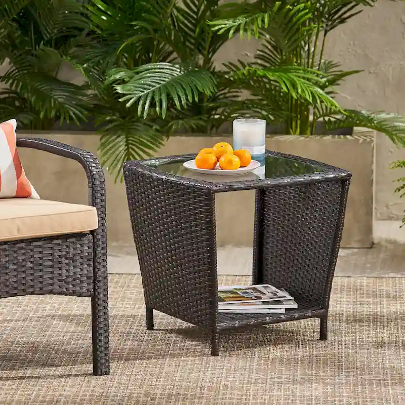 Table d'appoint en rotin 50 cm avec plateau en verre Rangement extérieur en osier
