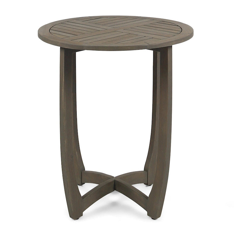 Table de bistro ronde rustique en bois d'acacia gris de 27,5 pouces avec plateau à lattes pour l'extérieur