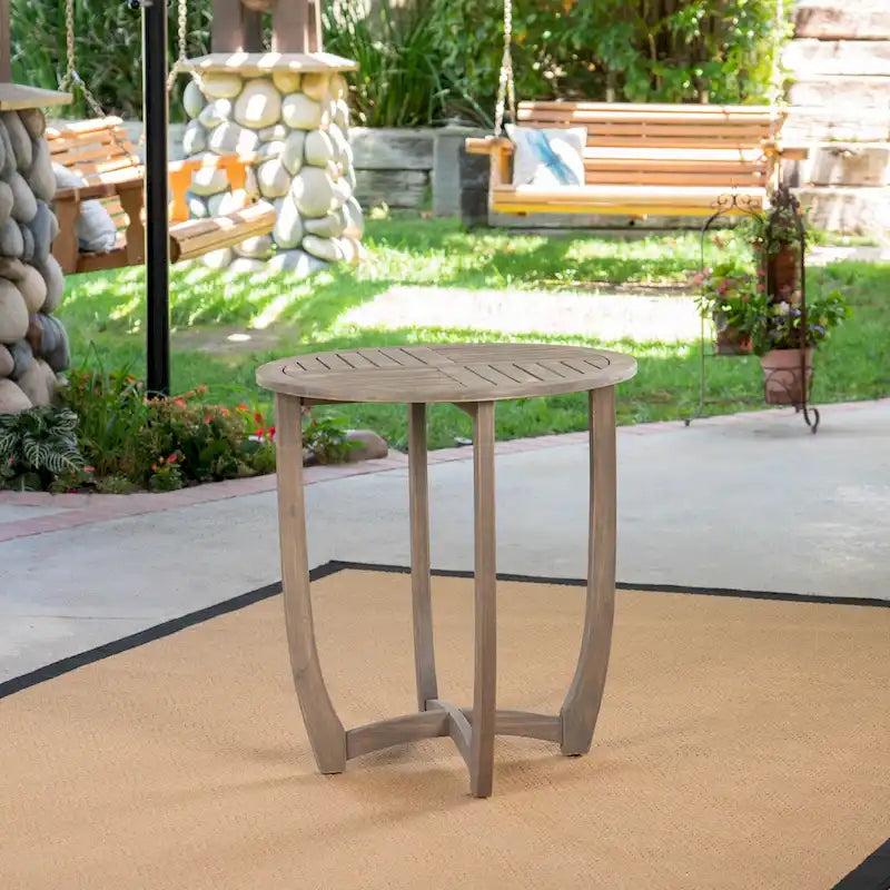 Table de bistro ronde rustique en bois d'acacia gris de 27,5 pouces avec plateau à lattes pour l'extérieur