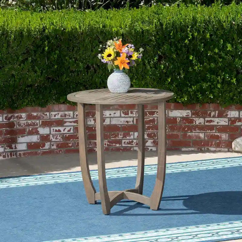 Table de bistro ronde rustique en bois d'acacia gris de 27,5 pouces avec plateau à lattes pour l'extérieur