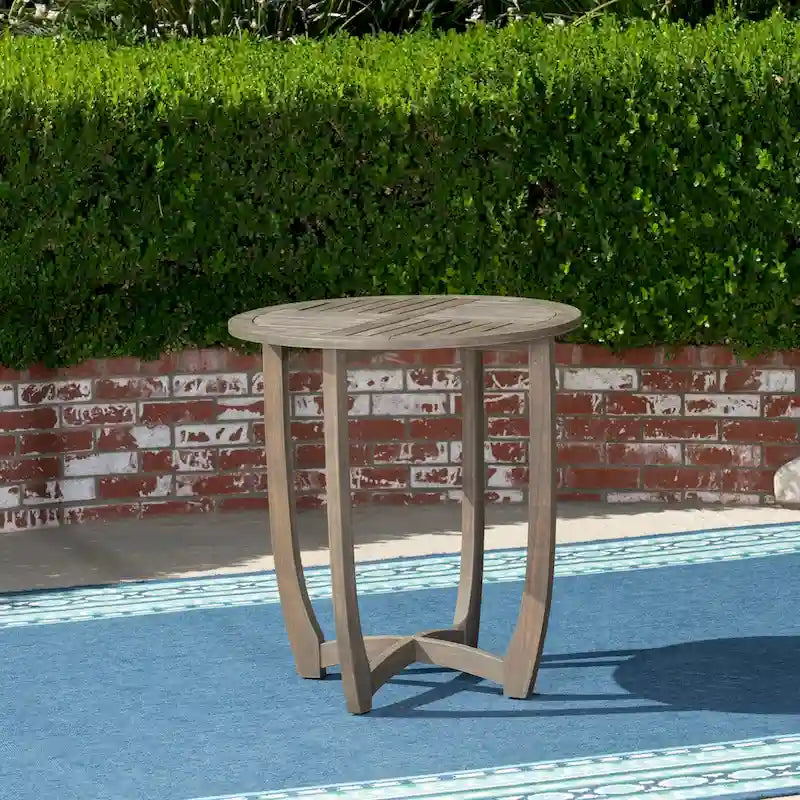Table de bistro ronde rustique en bois d'acacia gris de 27,5 pouces avec plateau à lattes pour l'extérieur