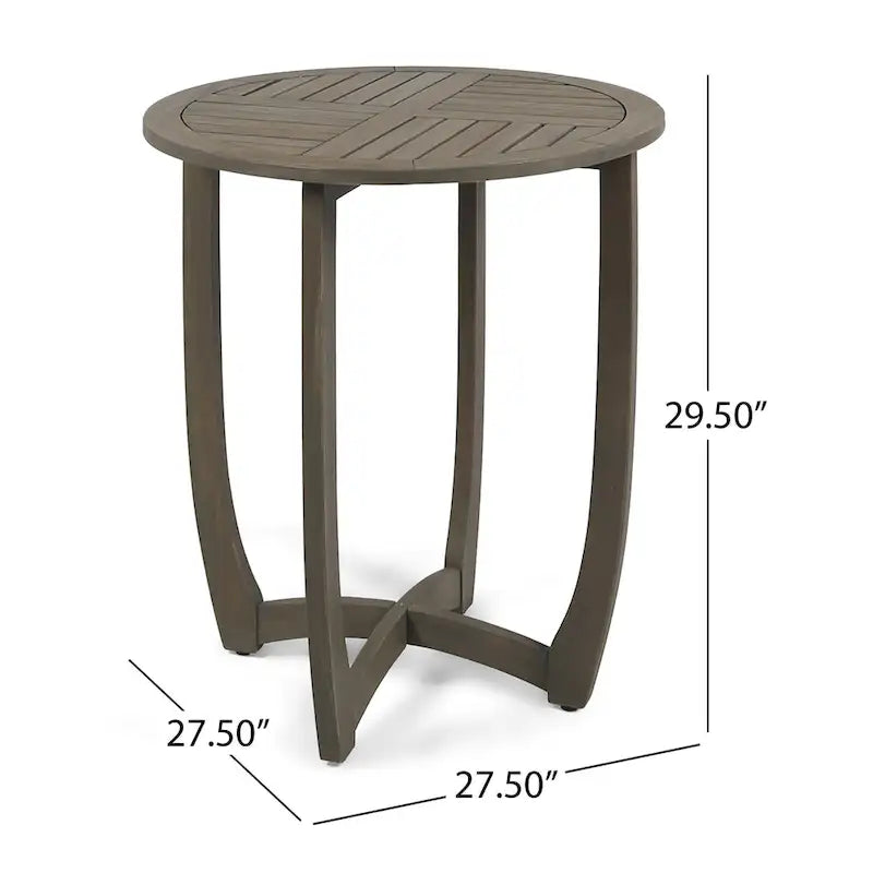 Table de bistro ronde rustique en bois d'acacia gris de 27,5 pouces avec plateau à lattes pour l'extérieur