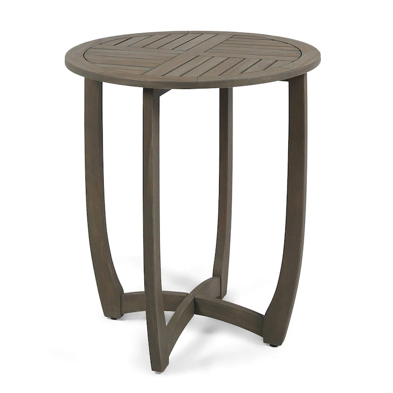Table de bistro ronde rustique en bois d'acacia gris de 27,5 pouces avec plateau à lattes pour l'extérieur