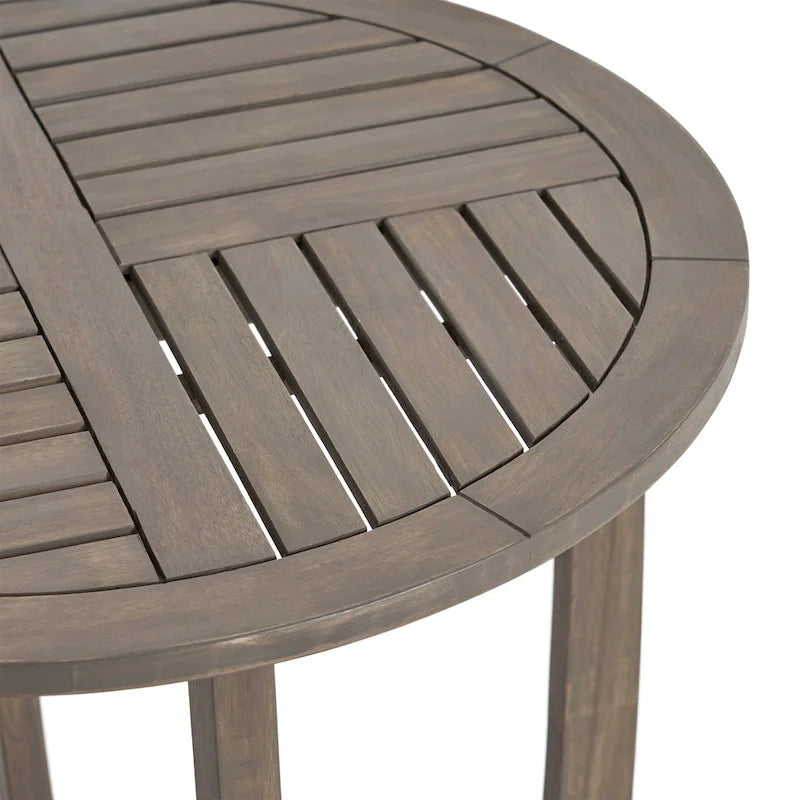 Table de bistro ronde rustique en bois d'acacia gris de 27,5 pouces avec plateau à lattes pour l'extérieur