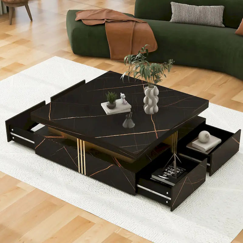 Tables basses avec 4 tiroirs de rangement Table basse carrée au design moderne pour salon, bureau, chambre à coucher