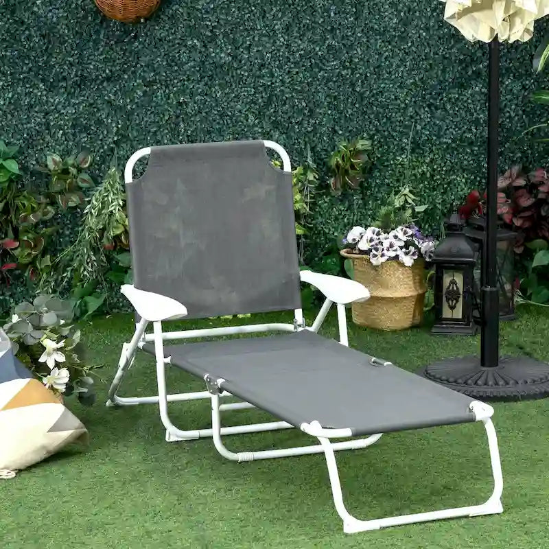 Chaise longue pliante d'extérieur, dossier inclinable 4 positions, accoudoirs, structure en métal et tissu en maille pour plage, jardin, terrasse