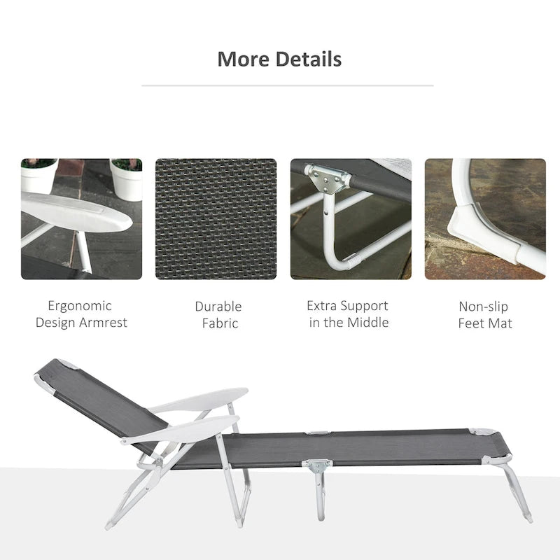Chaise longue pliante d'extérieur, dossier inclinable 4 positions, accoudoirs, structure en métal et tissu en maille pour plage, jardin, terrasse