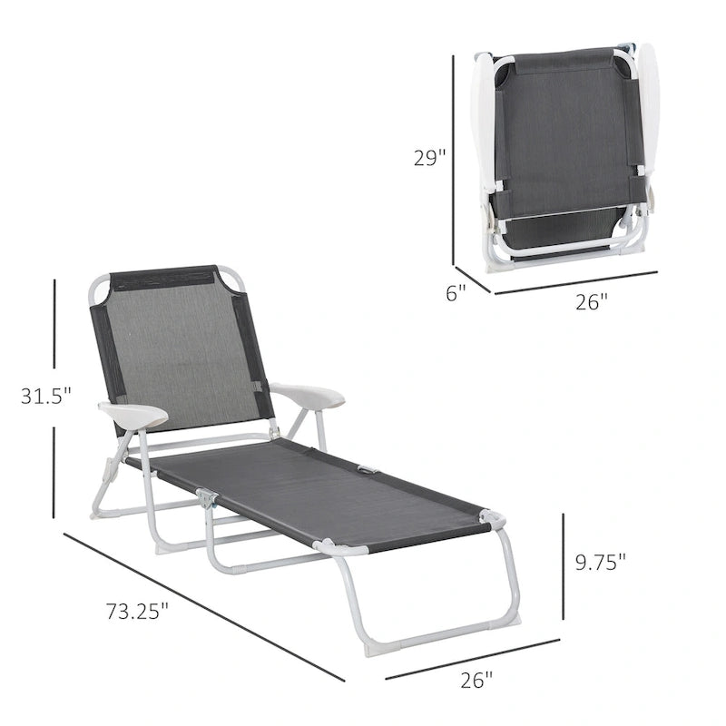 Chaise longue pliante d'extérieur, dossier inclinable 4 positions, accoudoirs, structure en métal et tissu en maille pour plage, jardin, terrasse