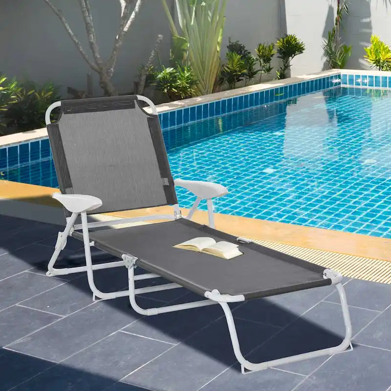 Chaise longue pliante d'extérieur, dossier inclinable 4 positions, accoudoirs, structure en métal et tissu en maille pour plage, jardin, terrasse