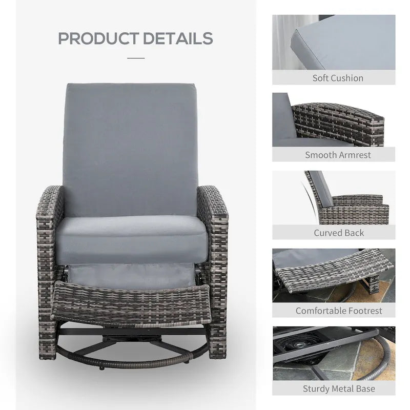 Fauteuil inclinable pivotant en osier Outsunny, dossier inclinable, repose-pieds relevable, rotation à 360°, coussins résistants à l'eau