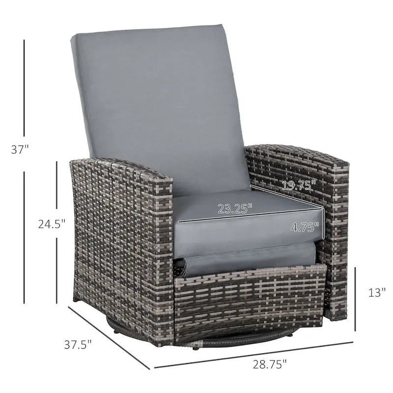 Fauteuil inclinable pivotant en osier Outsunny, dossier inclinable, repose-pieds relevable, rotation à 360°, coussins résistants à l'eau
