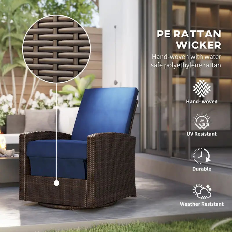 Fauteuil inclinable pivotant en osier Outsunny, dossier inclinable, repose-pieds relevable, rotation à 360°, coussins résistants à l'eau