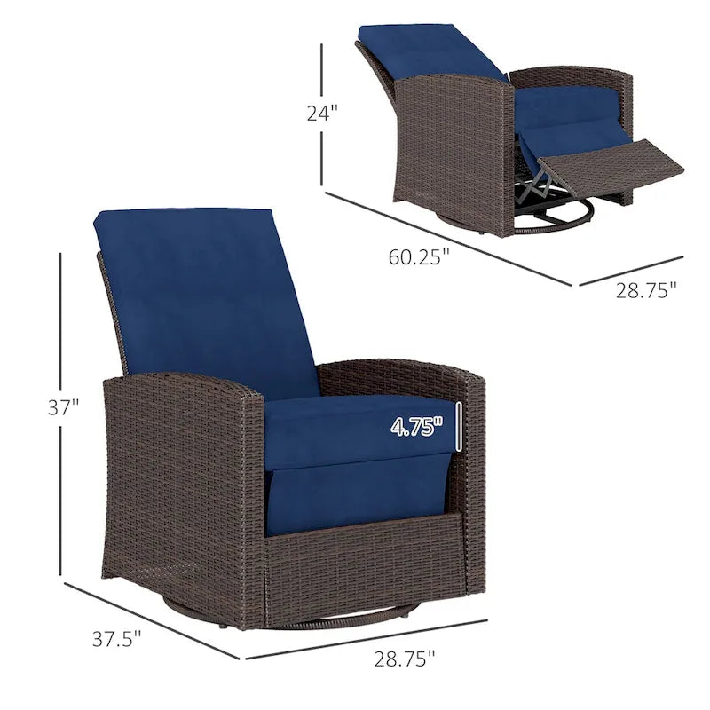 Fauteuil inclinable pivotant en osier Outsunny, dossier inclinable, repose-pieds relevable, rotation à 360°, coussins résistants à l'eau