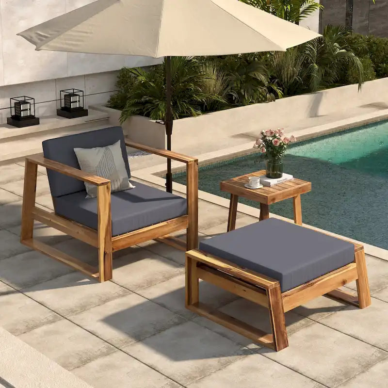 Ensemble de salon d'extérieur en bois d'acacia comprenant un fauteuil d'appoint, un pouf et une table d'appoint, ensemble de 3 chaises de canapé de patio pour jardin et balcon