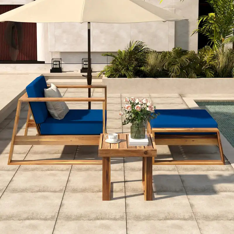 Ensemble de salon d'extérieur en bois d'acacia comprenant un fauteuil d'appoint, un pouf et une table d'appoint, ensemble de 3 chaises de canapé de patio pour jardin et balcon