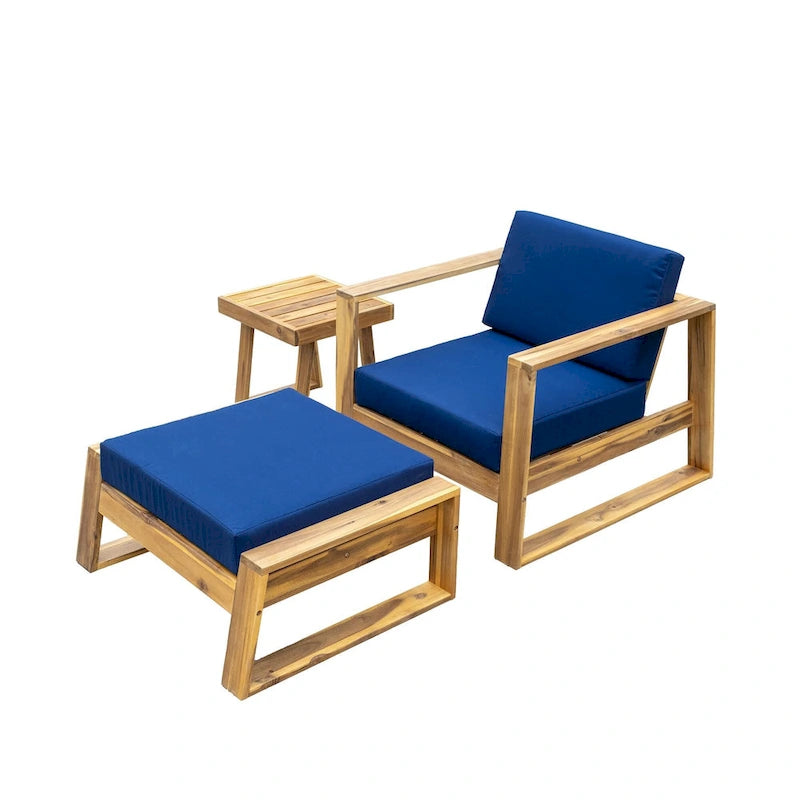 Ensemble de salon d'extérieur en bois d'acacia comprenant un fauteuil d'appoint, un pouf et une table d'appoint, ensemble de 3 chaises de canapé de patio pour jardin et balcon