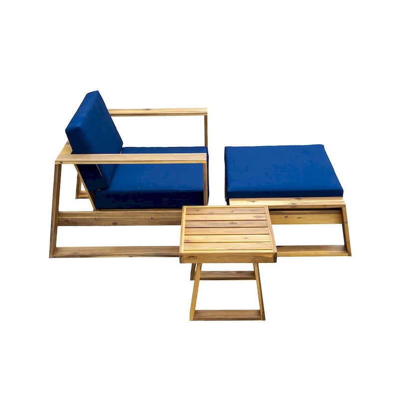 Ensemble de salon d'extérieur en bois d'acacia comprenant un fauteuil d'appoint, un pouf et une table d'appoint, ensemble de 3 chaises de canapé de patio pour jardin et balcon
