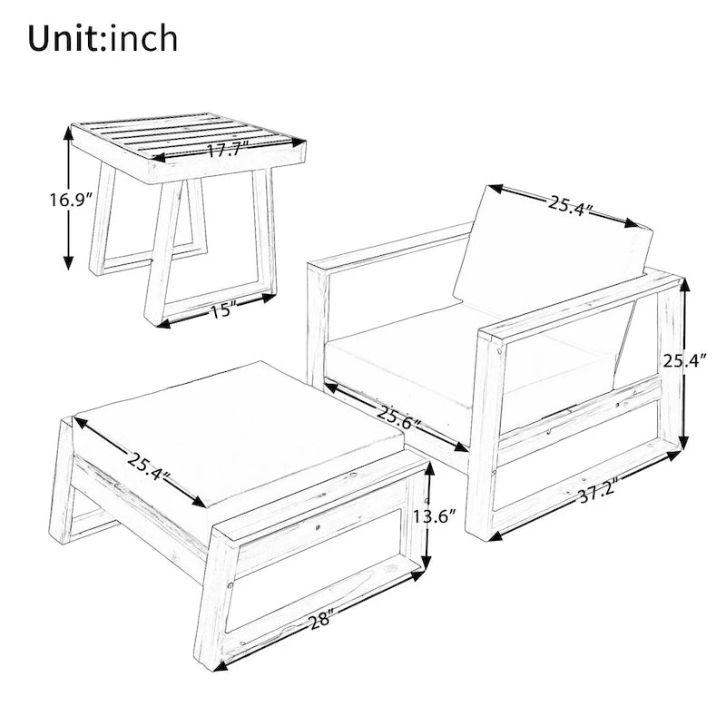 Ensemble de salon d'extérieur en bois d'acacia comprenant un fauteuil d'appoint, un pouf et une table d'appoint, ensemble de 3 chaises de canapé de patio pour jardin et balcon