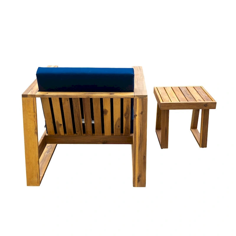 Ensemble de salon d'extérieur en bois d'acacia comprenant un fauteuil d'appoint, un pouf et une table d'appoint, ensemble de 3 chaises de canapé de patio pour jardin et balcon