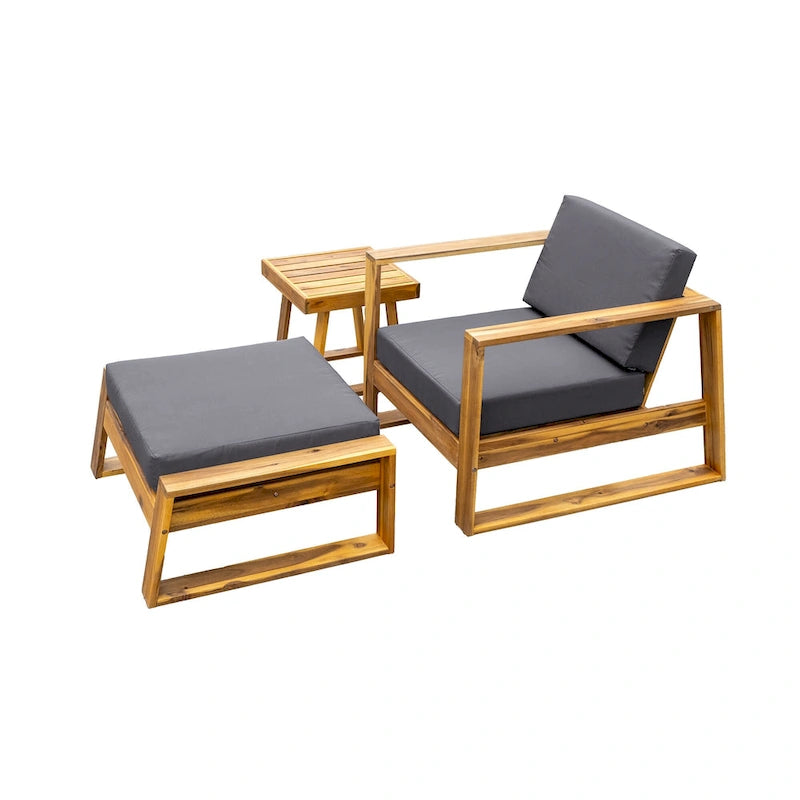 Ensemble de salon d'extérieur en bois d'acacia comprenant un fauteuil d'appoint, un pouf et une table d'appoint, ensemble de 3 chaises de canapé de patio pour jardin et balcon