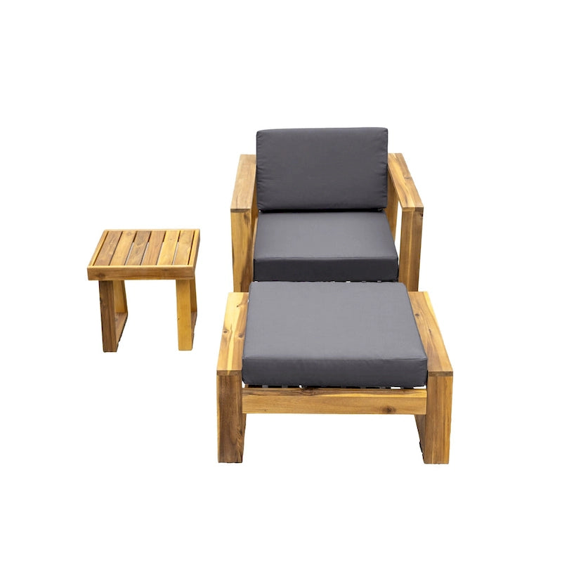 Ensemble de salon d'extérieur en bois d'acacia comprenant un fauteuil d'appoint, un pouf et une table d'appoint, ensemble de 3 chaises de canapé de patio pour jardin et balcon