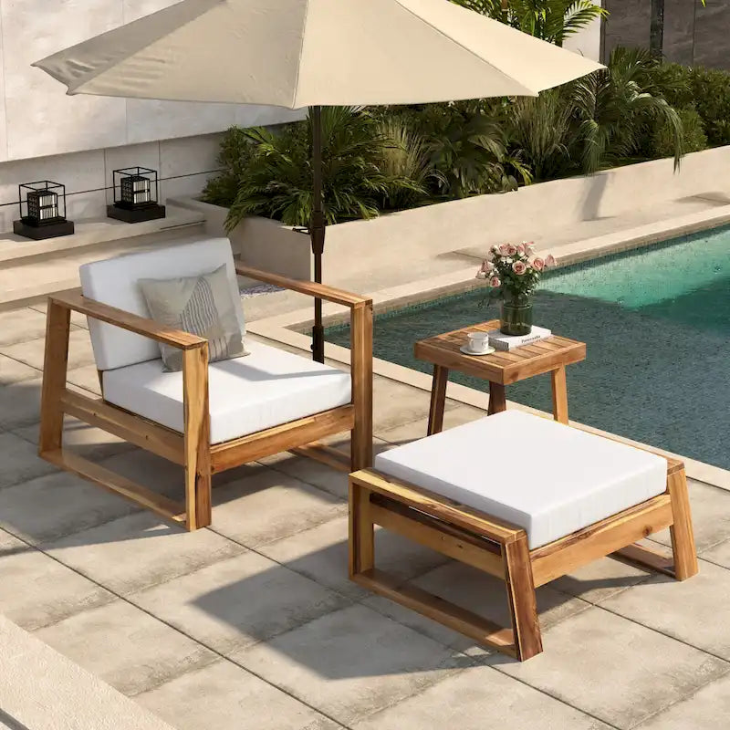 Ensemble de salon d'extérieur en bois d'acacia comprenant un fauteuil d'appoint, un pouf et une table d'appoint, ensemble de 3 chaises de canapé de patio pour jardin et balcon