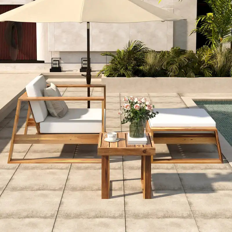 Ensemble de salon d'extérieur en bois d'acacia comprenant un fauteuil d'appoint, un pouf et une table d'appoint, ensemble de 3 chaises de canapé de patio pour jardin et balcon