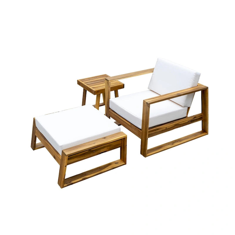 Ensemble de salon d'extérieur en bois d'acacia comprenant un fauteuil d'appoint, un pouf et une table d'appoint, ensemble de 3 chaises de canapé de patio pour jardin et balcon