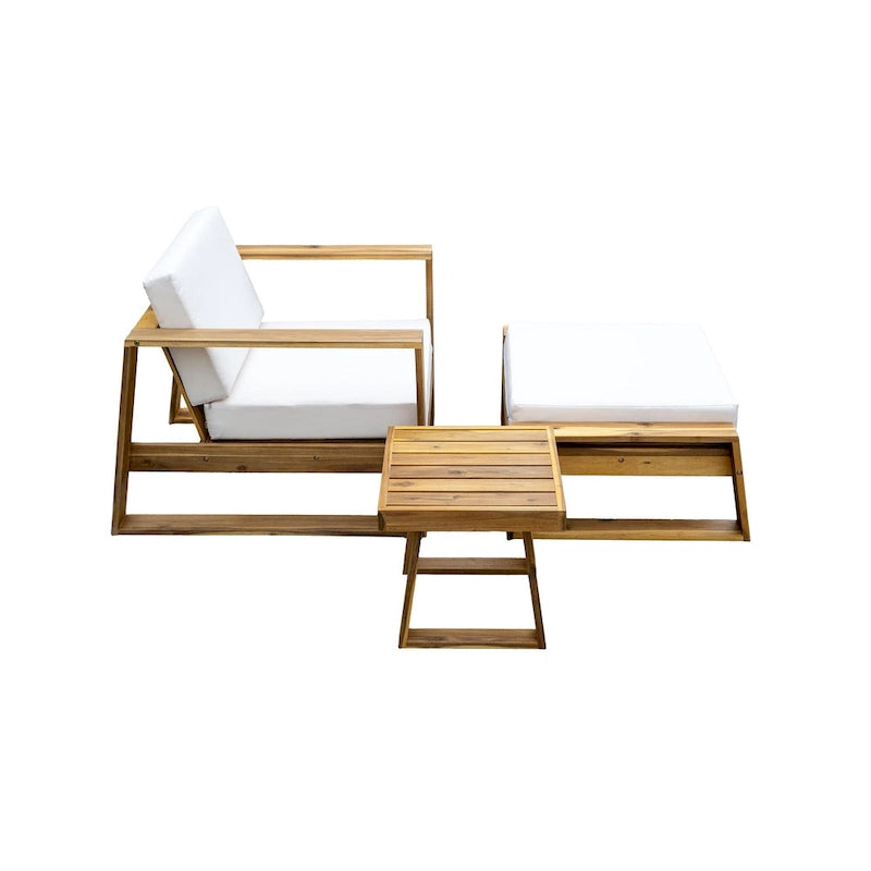 Ensemble de salon d'extérieur en bois d'acacia comprenant un fauteuil d'appoint, un pouf et une table d'appoint, ensemble de 3 chaises de canapé de patio pour jardin et balcon