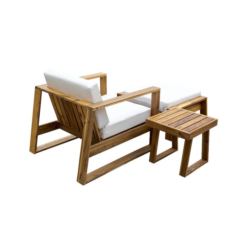 Ensemble de salon d'extérieur en bois d'acacia comprenant un fauteuil d'appoint, un pouf et une table d'appoint, ensemble de 3 chaises de canapé de patio pour jardin et balcon