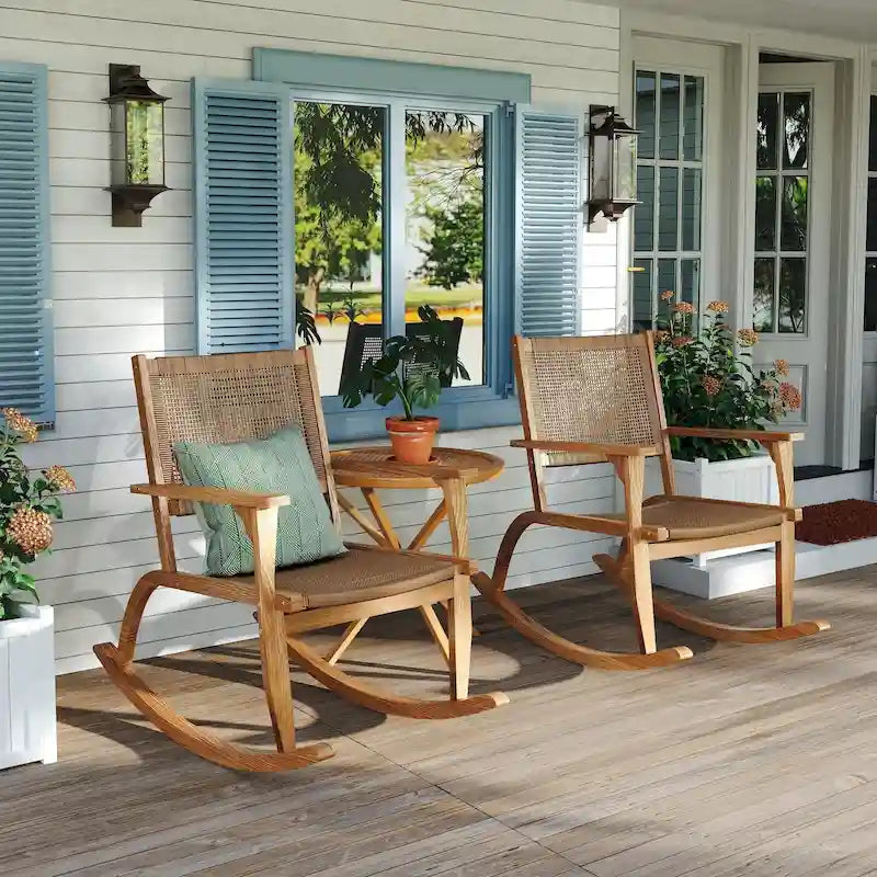 Lot de 2 fauteuils à bascule pour patio, ensemble de conversation en bois d'acacia pour l'extérieur, ensemble bistrot pour jardin, balcon, bord de piscine.