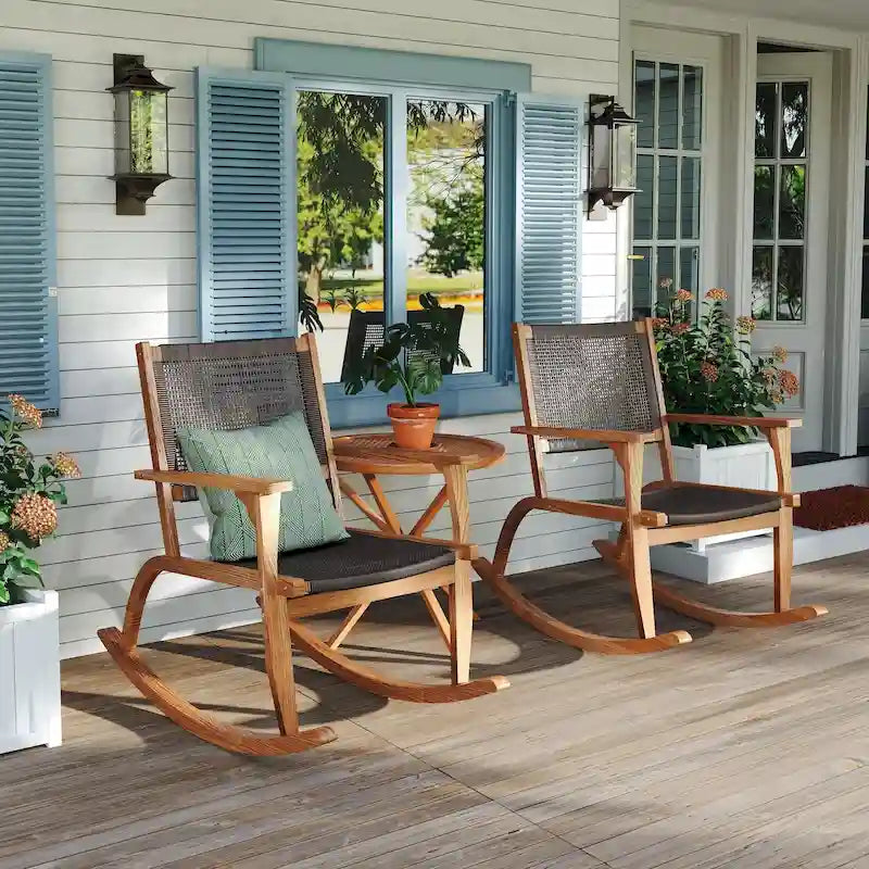 Lot de 2 fauteuils à bascule pour patio, ensemble de conversation en bois d'acacia pour l'extérieur, ensemble bistrot pour jardin, balcon, bord de piscine.