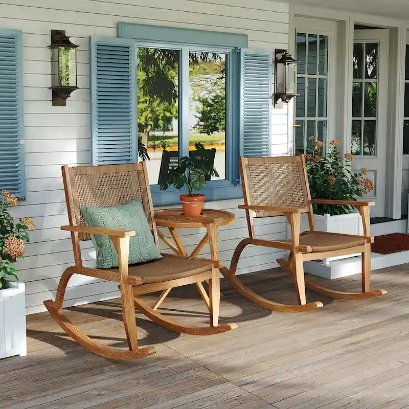 2 Pieces Patio Rocking Chair Set, Outdoor Acacia Wood Conversation Sets Bistro Set for Backyard Balcony Poolside