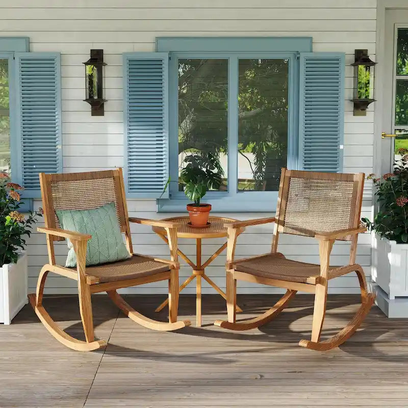 Lot de 2 fauteuils à bascule pour patio, ensemble de conversation en bois d'acacia pour l'extérieur, ensemble bistrot pour jardin, balcon, bord de piscine.