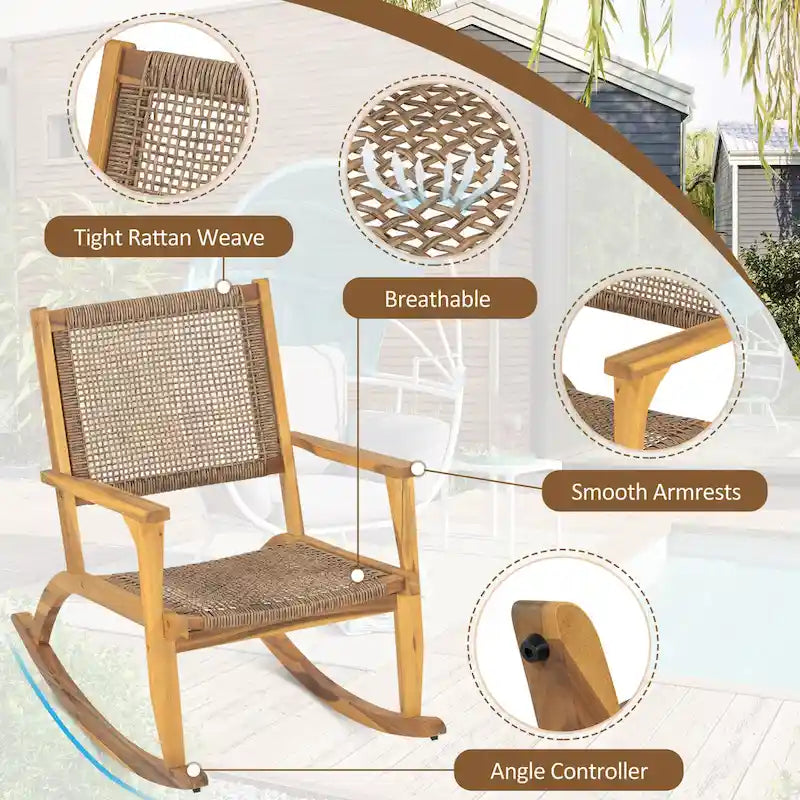 Lot de 2 fauteuils à bascule pour patio, ensemble de conversation en bois d'acacia pour l'extérieur, ensemble bistrot pour jardin, balcon, bord de piscine.