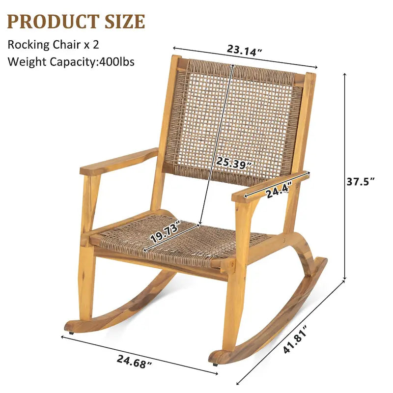 Lot de 2 fauteuils à bascule pour patio, ensemble de conversation en bois d'acacia pour l'extérieur, ensemble bistrot pour jardin, balcon, bord de piscine.