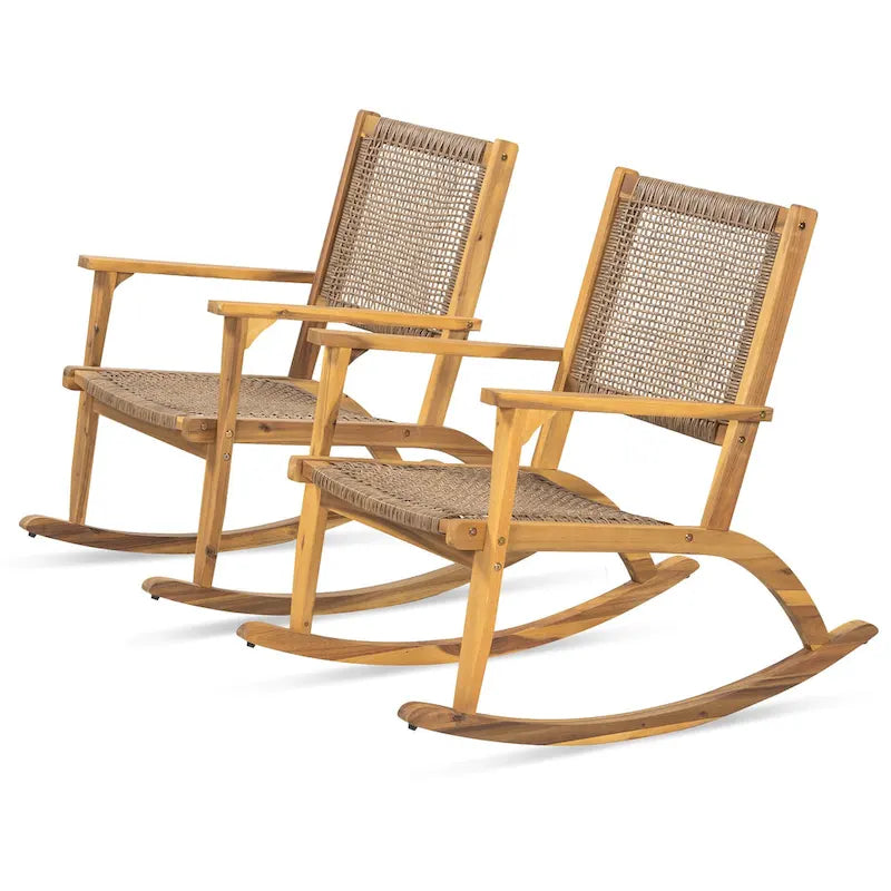 Lot de 2 fauteuils à bascule pour patio, ensemble de conversation en bois d'acacia pour l'extérieur, ensemble bistrot pour jardin, balcon, bord de piscine.