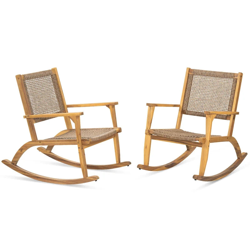 Lot de 2 fauteuils à bascule pour patio, ensemble de conversation en bois d'acacia pour l'extérieur, ensemble bistrot pour jardin, balcon, bord de piscine.