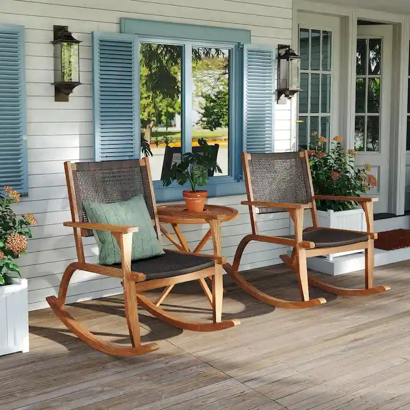Lot de 2 fauteuils à bascule pour patio, ensemble de conversation en bois d'acacia pour l'extérieur, ensemble bistrot pour jardin, balcon, bord de piscine.